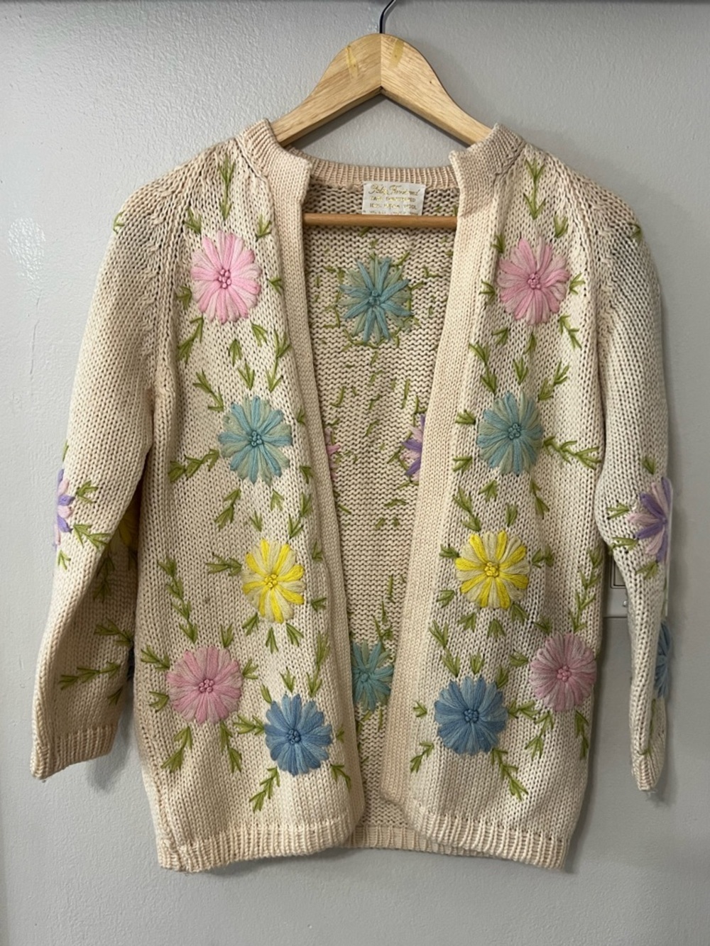 Vintage Fully FashionedHand Embroidered Wool Floral Cardigan Sweater Cottagecore